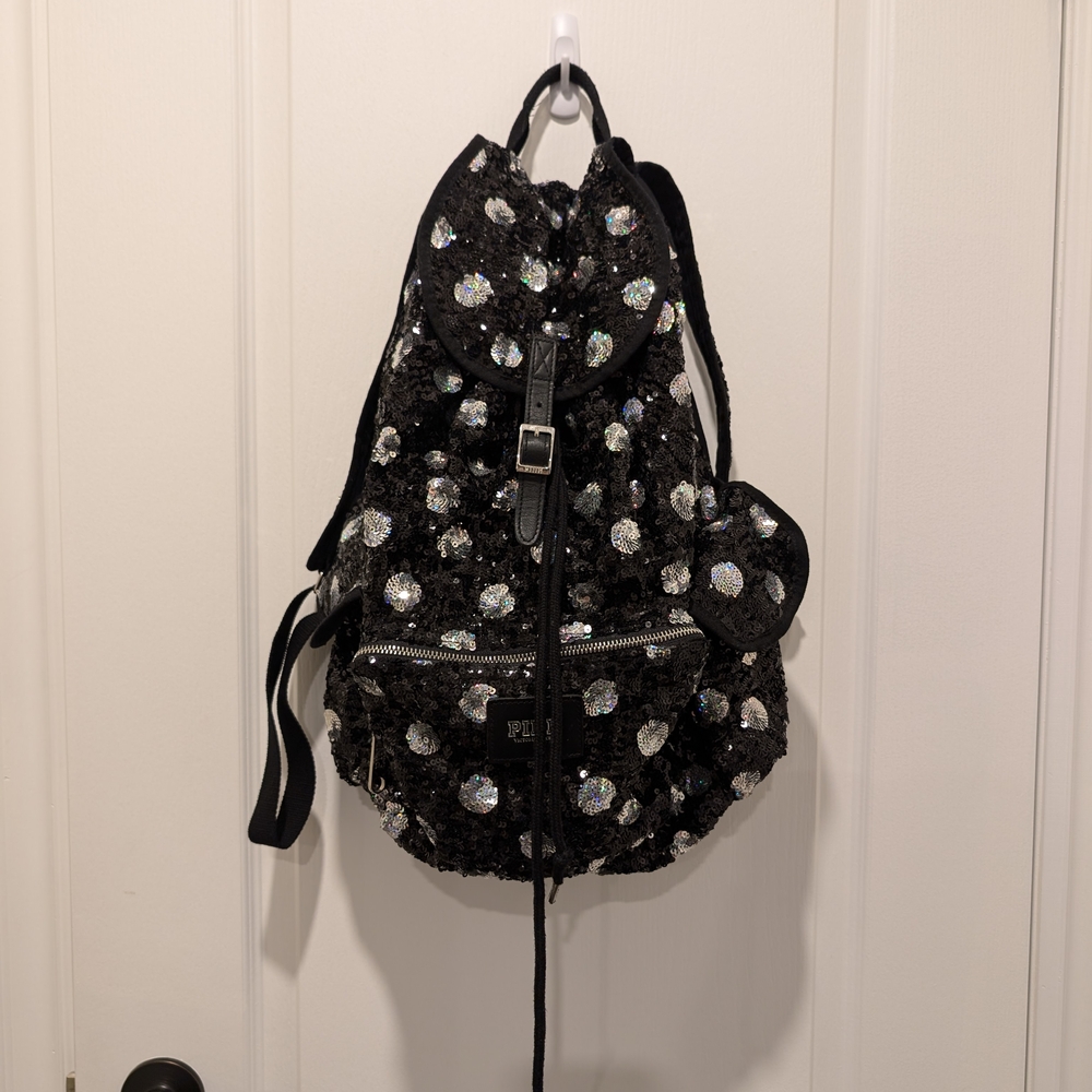 Victoria's Secret Backpack Black and Silver Sequins PINK